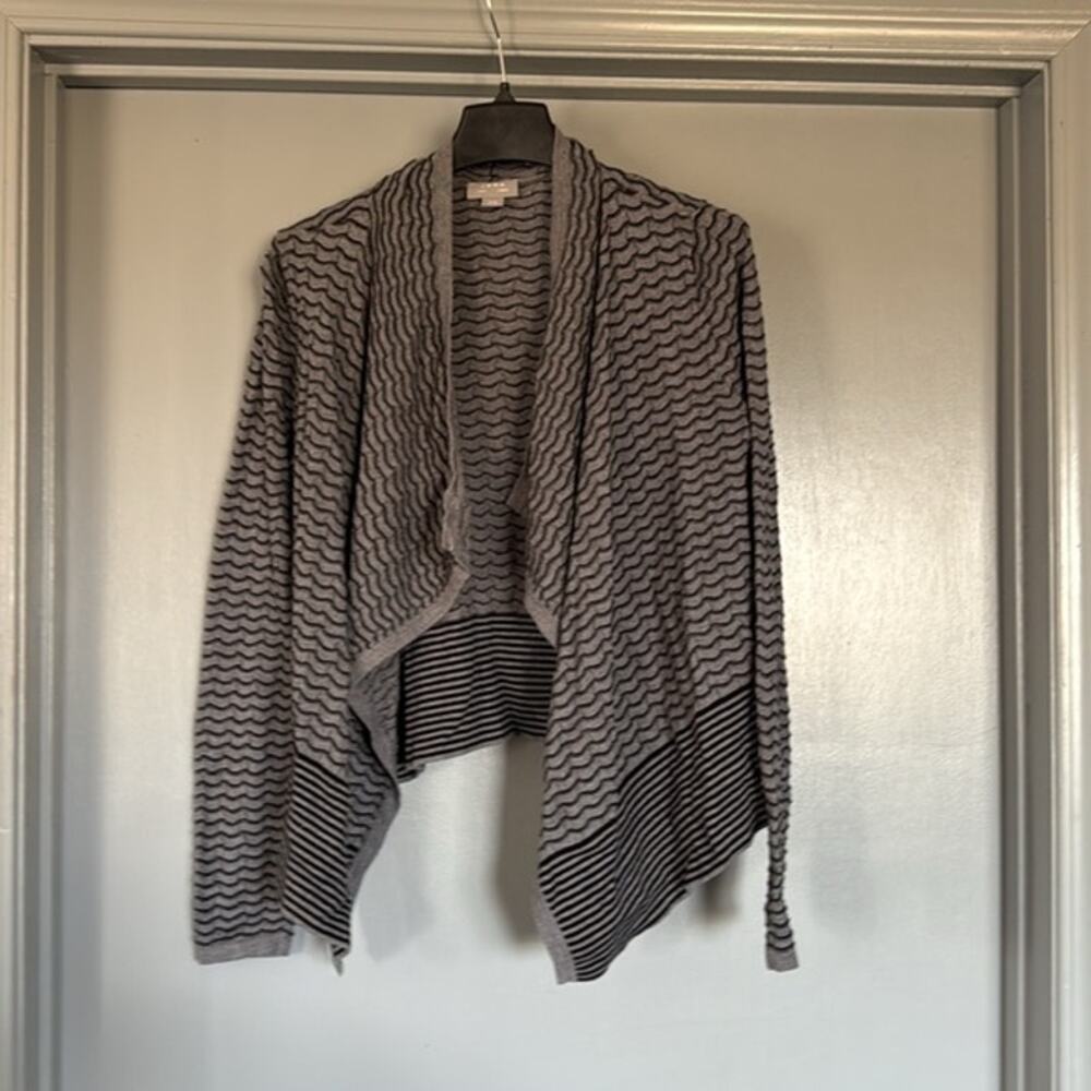 Jana Women's Gray Striped sz M Open Cardigan Draped Waterfall Long Sleeve